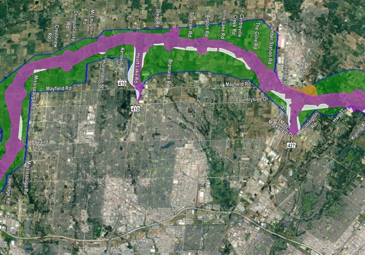 A satellite map showing a highlighted route in purple and green, following a river-like feature. Key roads labeled include Mayfield Rd, Hwy 401, Hwy 407, and Steeles Ave W.