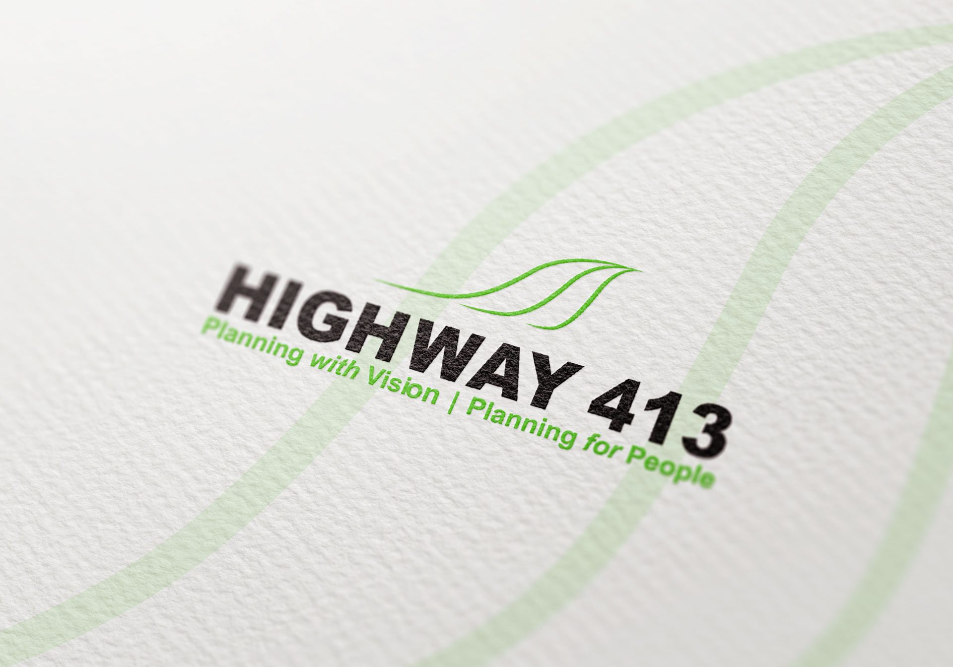 Logo for Highway 413 with the tagline “Planning with Vision | Planning for People.” Green lines above the text resemble a stylized road or highway.