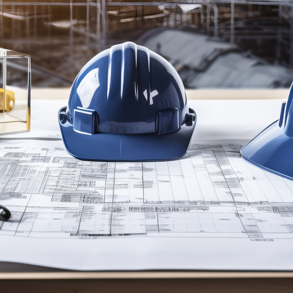 Installation de chantier avec deux casques de sécurité bleus posés sur des plans architecturaux, entourés d’outils tels qu’un mètre ruban et un niveau, avec des échafaudages et des structures visibles en arrière-plan.
